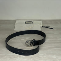 Gucci Bælte, 'Sort' Læder Selleria Interlocking G Buckle with Stud Closure (75/30) 🥋