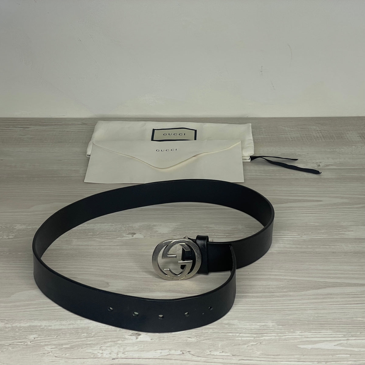 Gucci Bælte, 'Sort' Læder Selleria Interlocking G Buckle with Stud Closure (75/30) 🥋