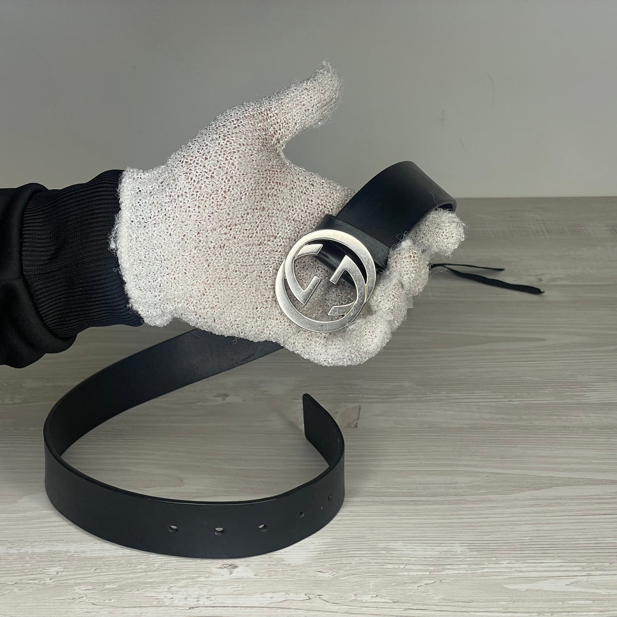 Gucci Bælte, 'Sort' Læder Selleria Interlocking G Buckle with Stud Closure (75/30) 🥋