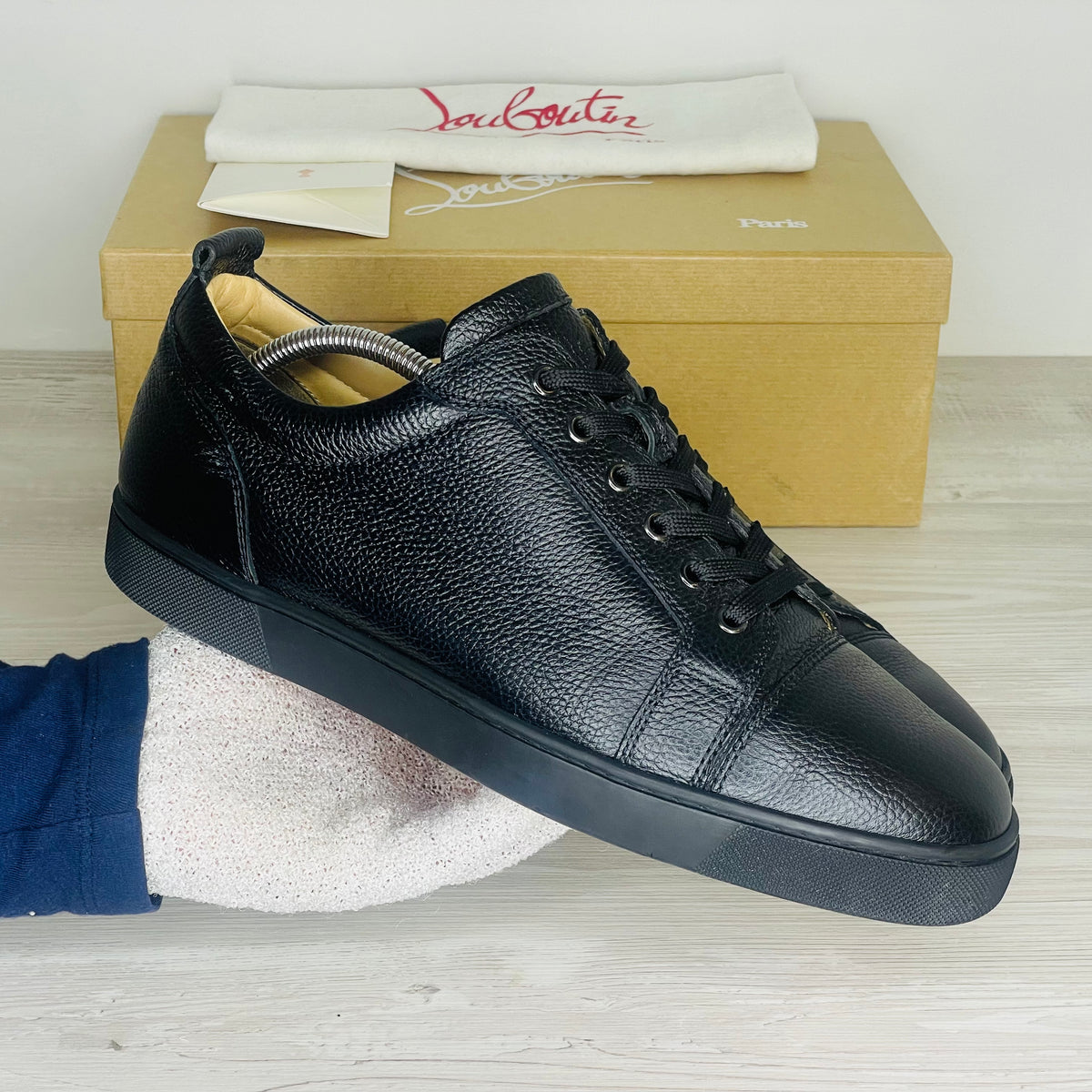 Christian Louboutin Sneakers, Herre 'Sort' Læder Louis Junior Calf Graine (44.5) ☀️