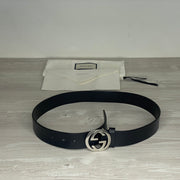 Gucci Bælte, 'Sort' Læder Selleria Interlocking G Buckle with Stud Closure (75/30) 🥋