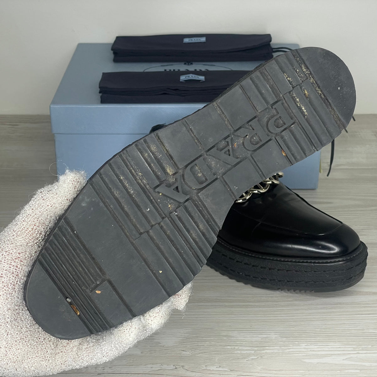 Prada Loafers, Kvinde 'Sort' Læder Calzature Donna Chain Loafers (40) ⛓️