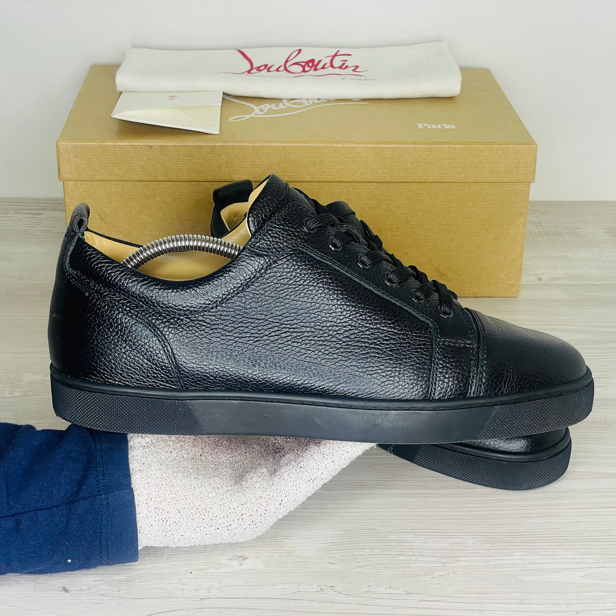 Christian Louboutin Sneakers, Herre 'Sort' Læder Louis Junior Calf Graine (44.5) ☀️