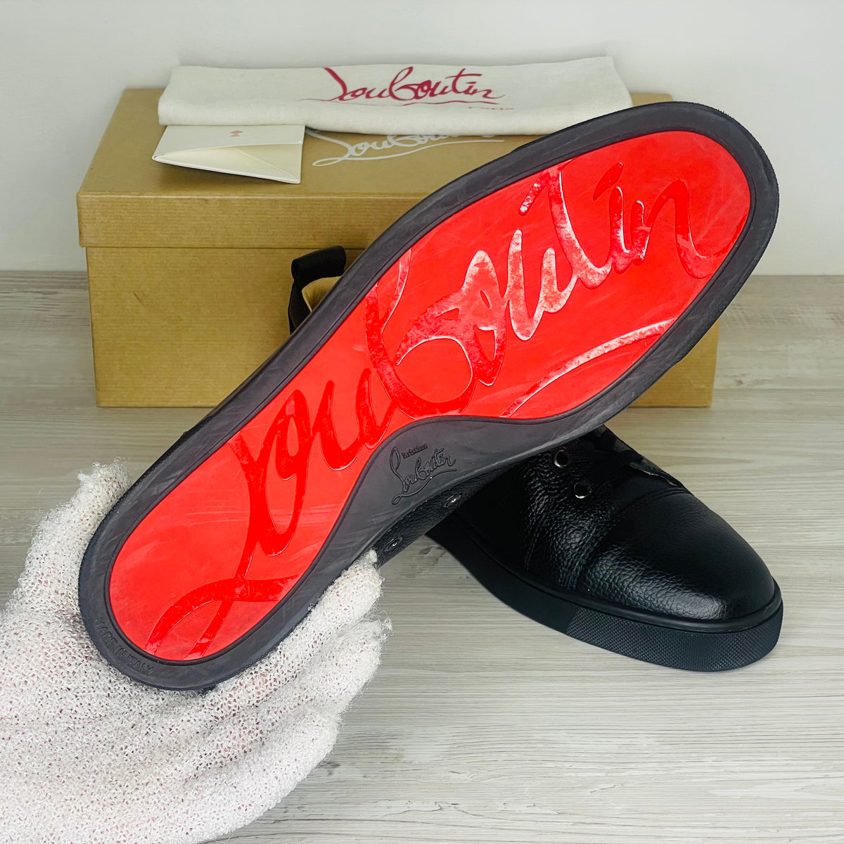 Christian Louboutin Sneakers, Herre 'Sort' Læder Louis Junior Calf Graine (44.5) ☀️