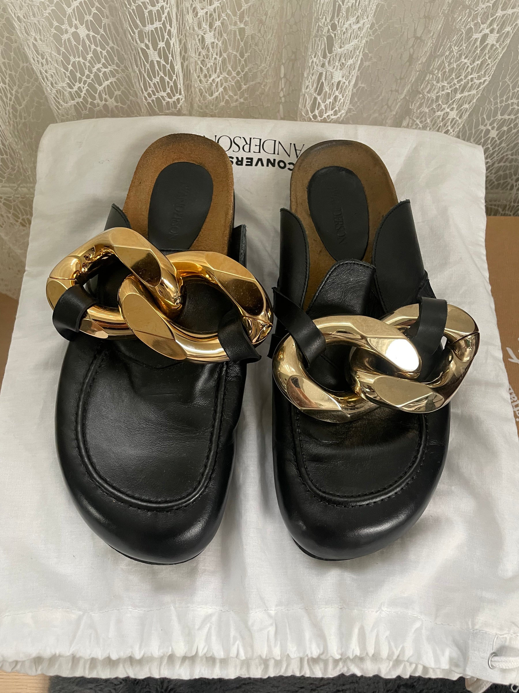 JW Anderson Loafers, 'Black and Gold' Chain Leather Mules (42)