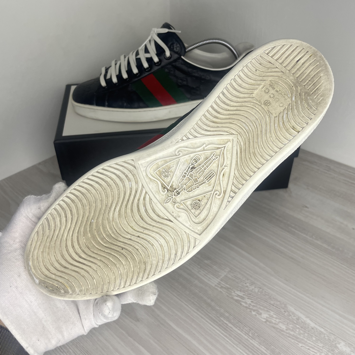 Gucci Sneakers, Ace ’GG Signature’ Black Calf Leather (42.5)