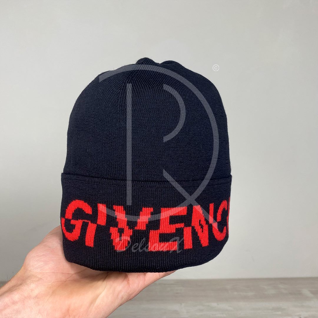 Givenchy 'Ripped Rød Logo' Uld Hue Unisex (One Size) 🤯
