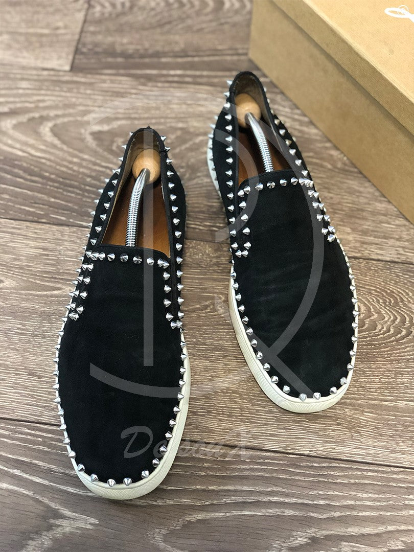 Christian Louboutin 'Black Suede w. Silver Spikes' Pik Boats (45) 👟