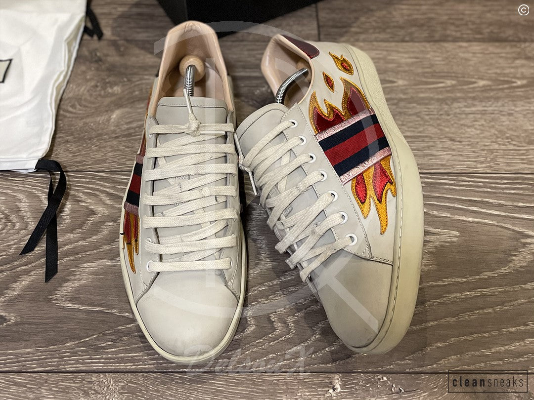 Gucci Ace 'Flames' Beige Leather (45) 🎇