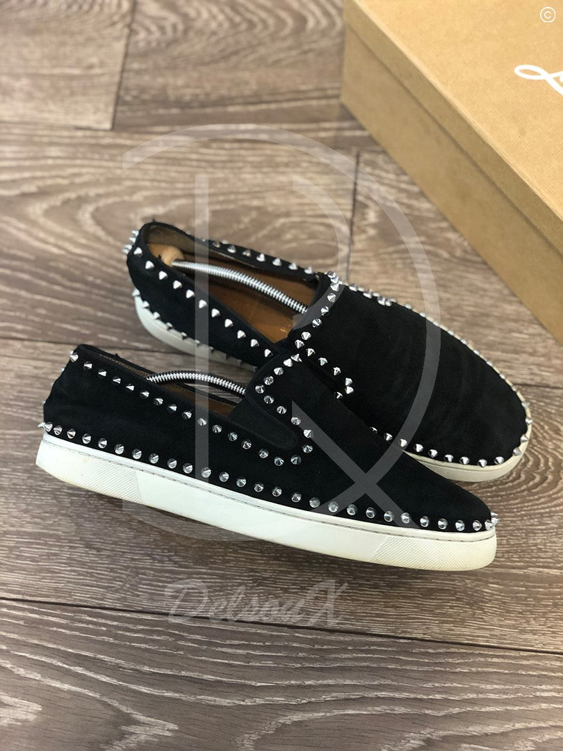 Christian Louboutin 'Black Suede w. Silver Spikes' Pik Boats (45) 👟
