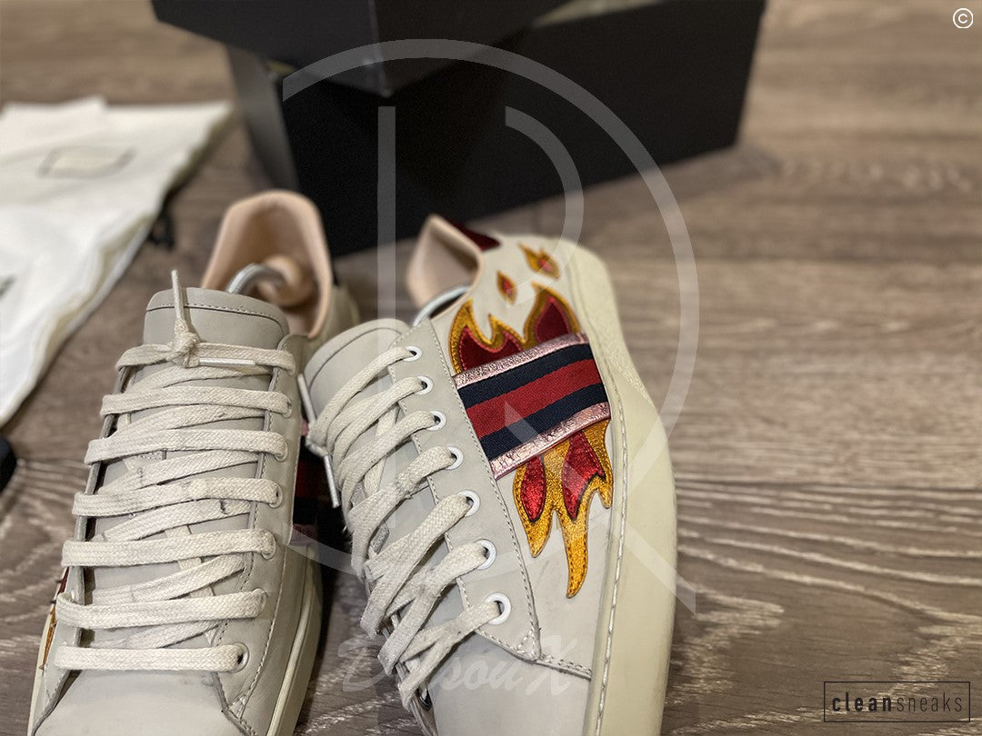 uhøjtidelig Sympatisere Sidst Gucci Ace 'Flames' Beige Leather (45) 🎇 – DelsouX Universe