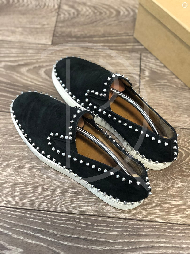 Christian Louboutin 'Black Suede w. Silver Spikes' Pik Boats (45) 👟
