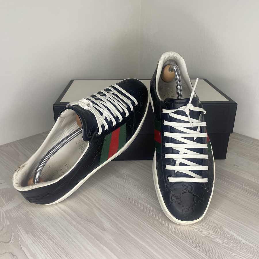 Gucci Sneakers, Ace ’GG Signature’ Black Calf Leather (42.5)