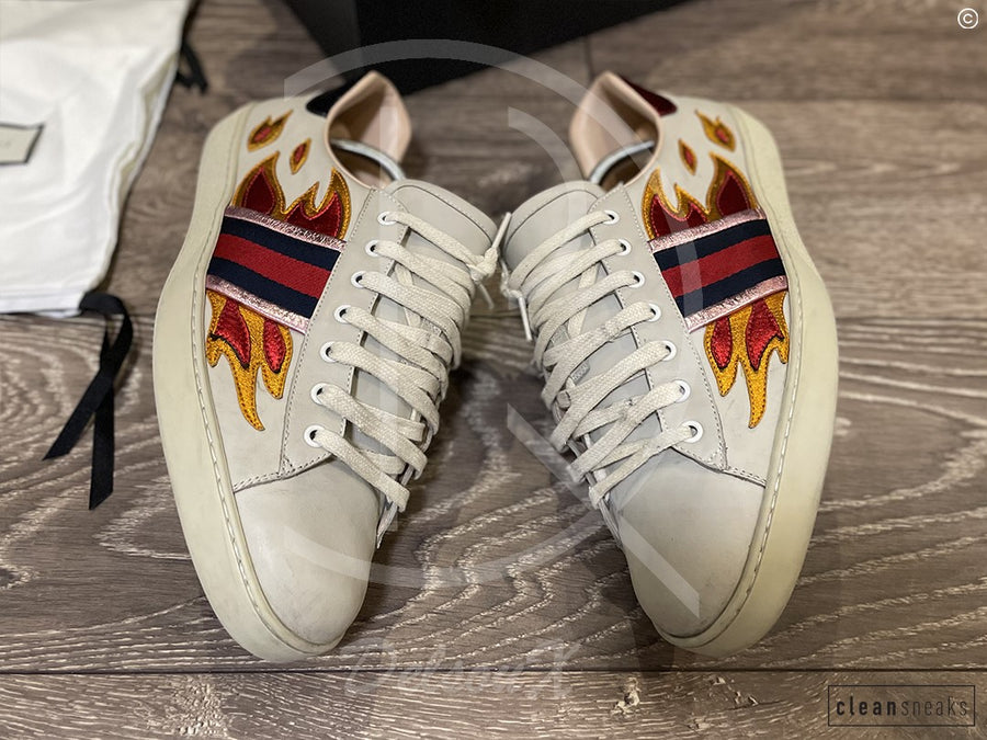 Gucci Ace 'Flames' Beige Leather (45) 🎇