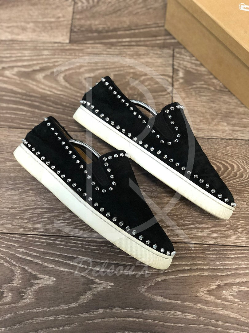 Christian Louboutin 'Black Suede w. Silver Spikes' Pik Boats (45) 👟