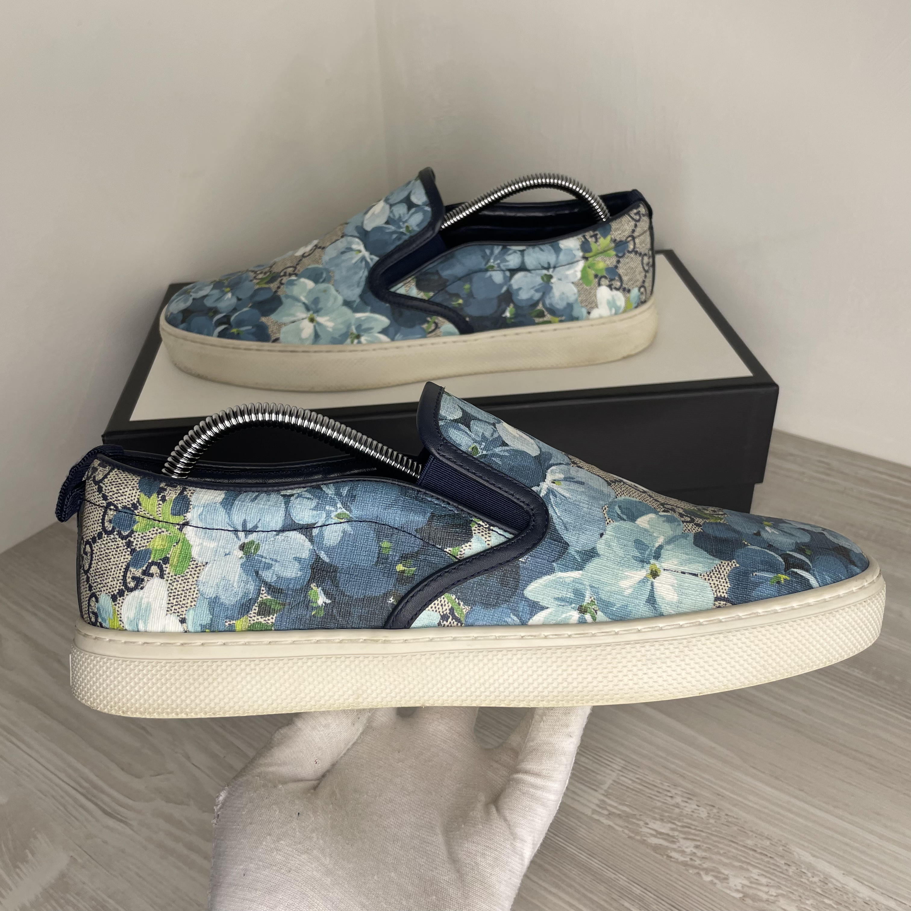 Gucci Sneakers,  Supreme GG Canvas 'Bloom' Print Blue Flower Slip On (43)