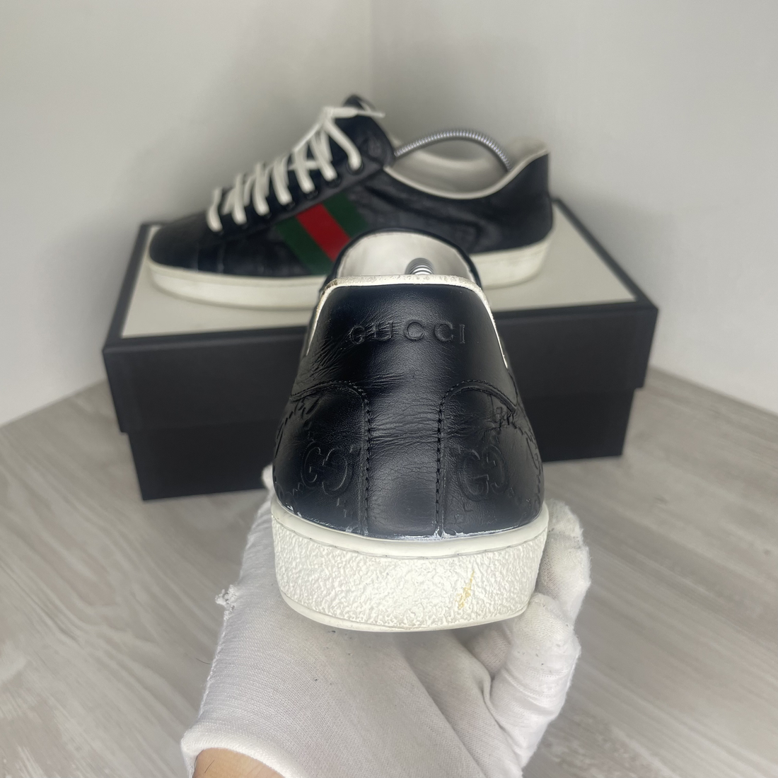 Gucci Sneakers, Ace ’GG Signature’ Black Calf Leather (42.5)
